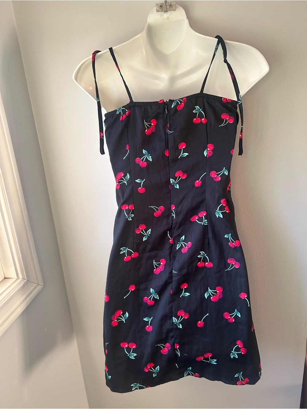 Black Cherry Print Tie-Strap Mini Dress Women’s Size S - Picture 8 of 13